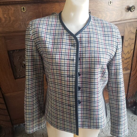 Pendleton Size 6 Petite Virgin Wool Lined Jacket Houndstooth Faux Leather Trim - Picture 2 of 10